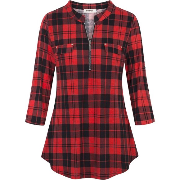 Women's Floral 3/4 Sleeve Shirts Zip up V Neck Work Chiffon Blouses Top - Picture 2 of 5